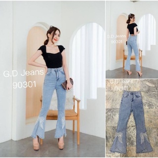 G.D.Jeans รุ่น  90301#กางเกงยีนส์แฟชั่นขายาวผ้ายืดเอวสูงทรงขาม้าบานฟอกสีสโนอัดเพชรแต่งโบร์ดีไซร์เก๋ๆ