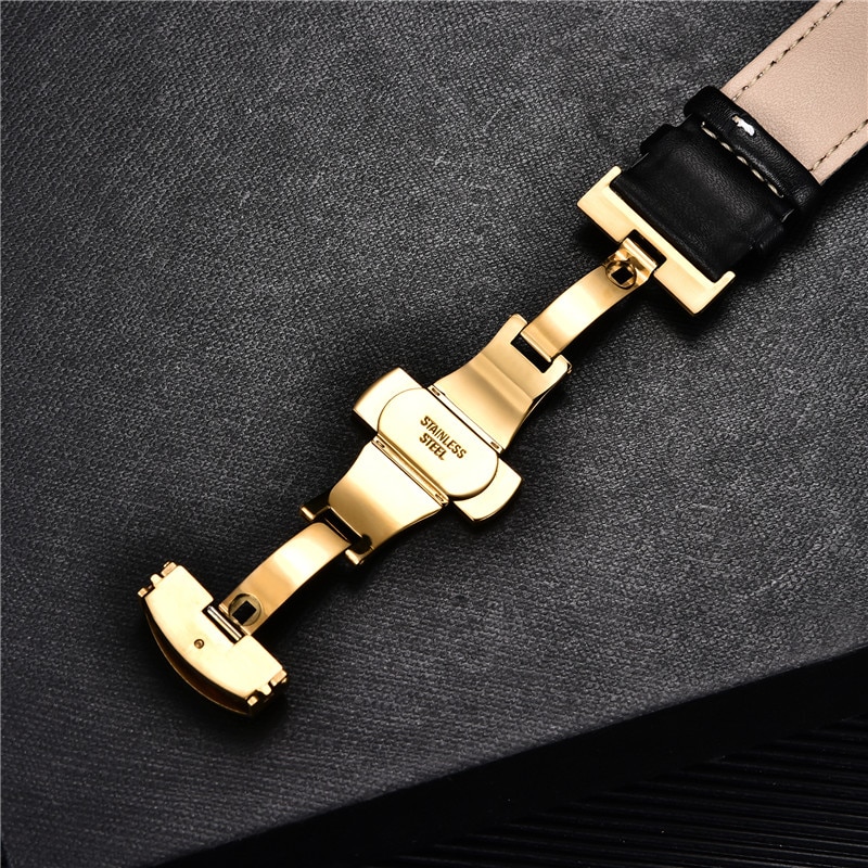 Smooth Genuine Calfskin Leather Watchband 18mm 20mm 22mm Straps with Solid Automatic Butterfly Buckle Business Watch Band