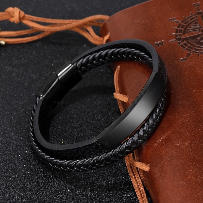 เครื่องประดับ สร้อยข้อมือ สายหนัง สเตนเลส หลายชั้น สีดํา สไตล์วินเทจ แฟชั่นสําหรับผู้ชาย