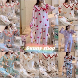 sunny shop-ชุดนอนผู้หญิง ลายใหม่ เสื้อเเขนยาว+กางเกงขายาว รุ่น199  ผ้าcotton พร้อมส่งผ้าถุงให้ มีไซส์ M-2XL