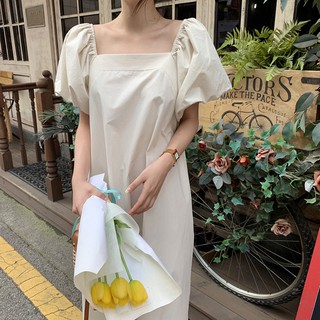 พร้อมส่ง 💫  square collar dress C1555 เดรสยาวแขนตุ๊กตา เดรสมินิมอล มี 2 สี ครีม เขียว