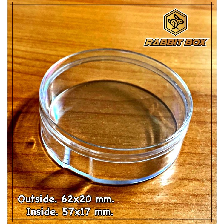 กล่องพลาสติกกลมใส ขนาด 62x20 mm.  (ขนาดช่องใส่ของ กลม 57xสูง17mm.) สำหรับใส่สิ่งของขนาดเล็ก อื่นๆ