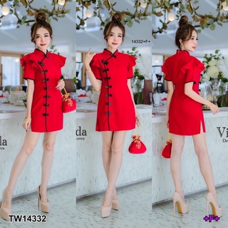 red Dress เดรสกี่เพ้า ทรงแขนระบาย แต่งโบว์สีดำเรียงยาว รอบตัว กระโปรงสั้น short skirt short shirt Chinese new year