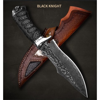 มีดใบตาย (fixed blade) Black Knight, Handmade ใบ 3.9" เหล็ก Damascus VG10 ด้ามไม้ Ebony มีดเดินป่า มีดแคมป์ ซองหนังแท้