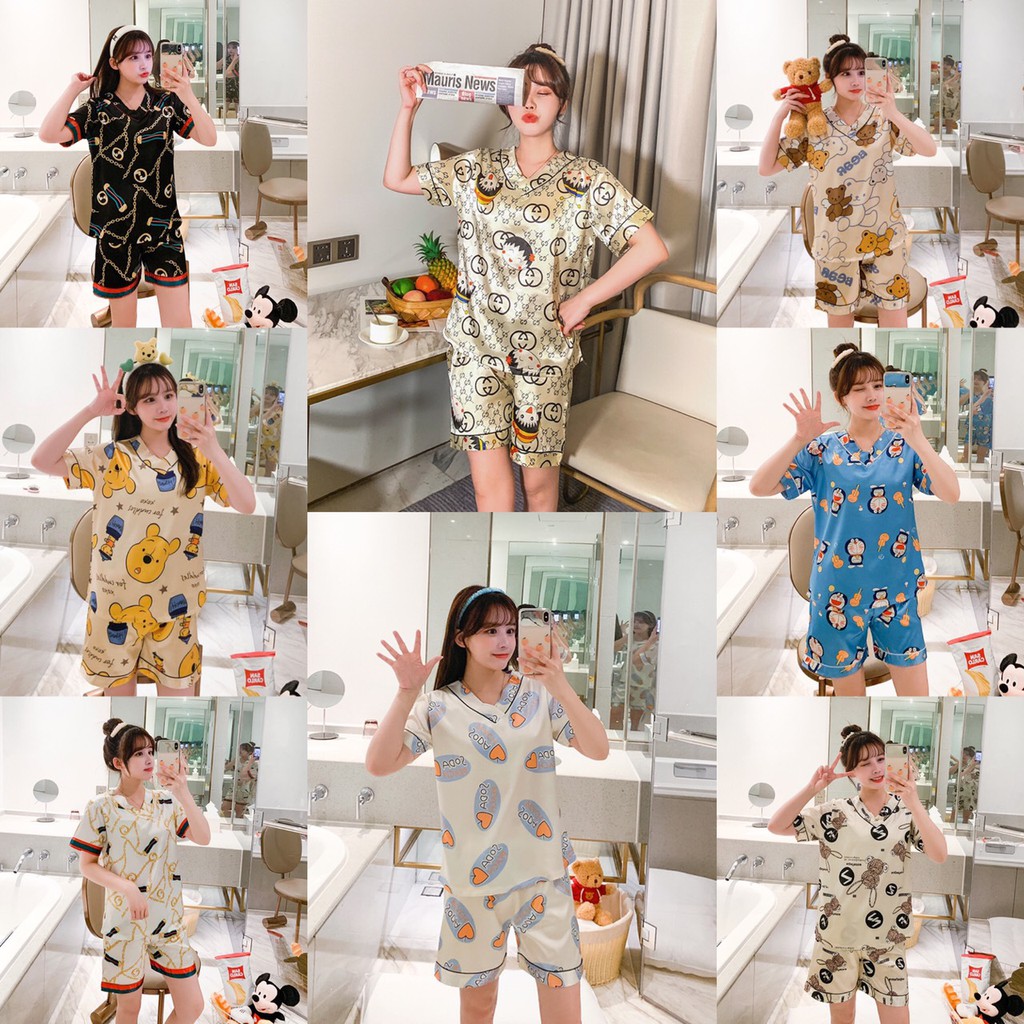 SW6212 พร้อมส่ง L-4XL รุ่นไม่มีกระดุม ชุดนอนผ้าซาติน ชุดนอนผ้าซาติน แขน-ขาสั้น ชุดนอนลายการ์ตูน ชุดนอนผู้หญิง