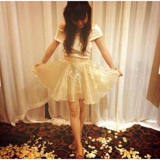 เซ็ตเสื้อ กระโปรงผ้าแก้วออกงาน สีครีม ทอง ไซส์ M