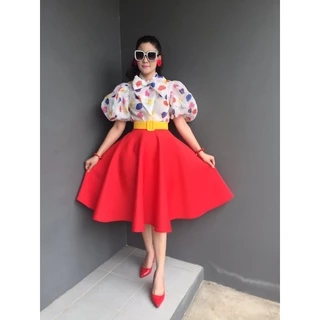 ชุดเซตเสื้อแขนพองคอผูก ชุดย้อนยุค ชุดทองกวาว (ครบเซต)