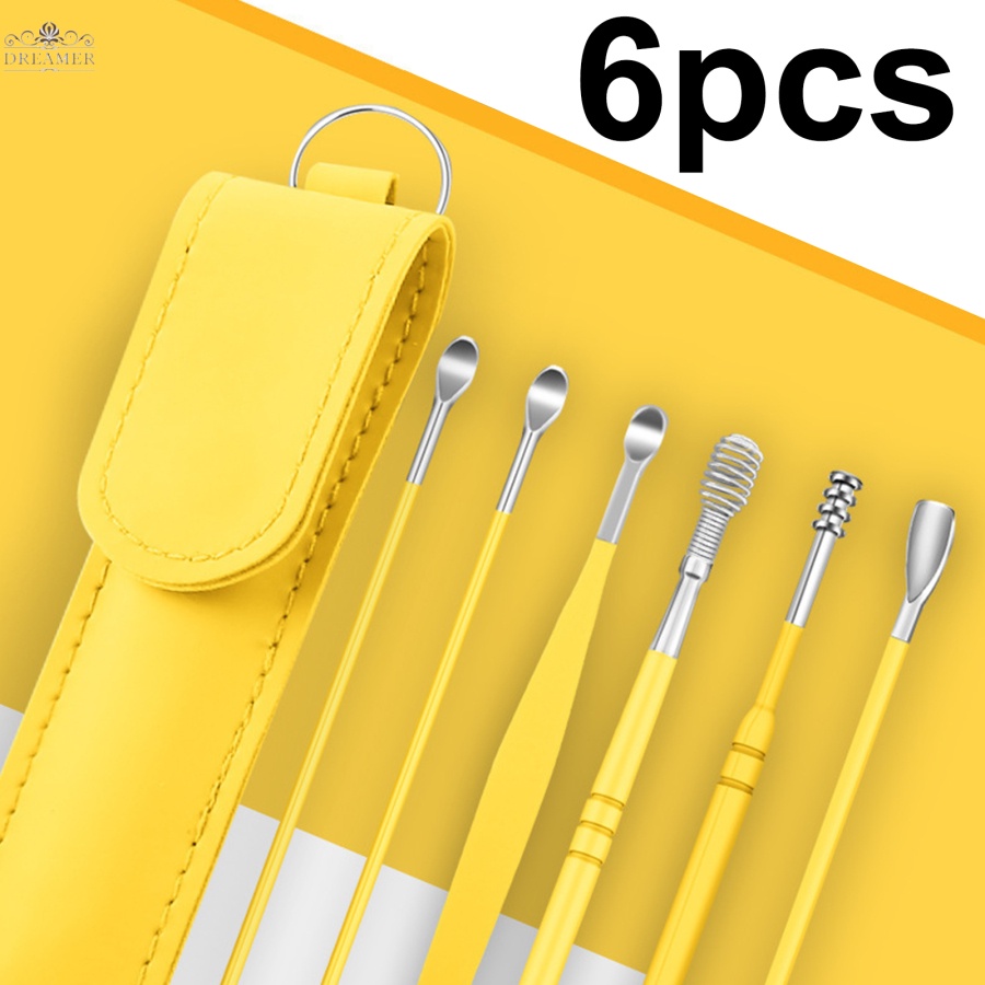 【DREAMER】6PCS Ear Cleaner Earwax Removal Tool Stainless Steel Earpick Curette Reusable Ear Cleaning Wax Remover Spring Spoon Ear Pick Cleanser Care