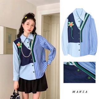 MANSA blue striped floral shirt เสื้อลายดอกไม้ เสื้อเชิ้ตลาย เสื้อเชิ้ตแขนยาว