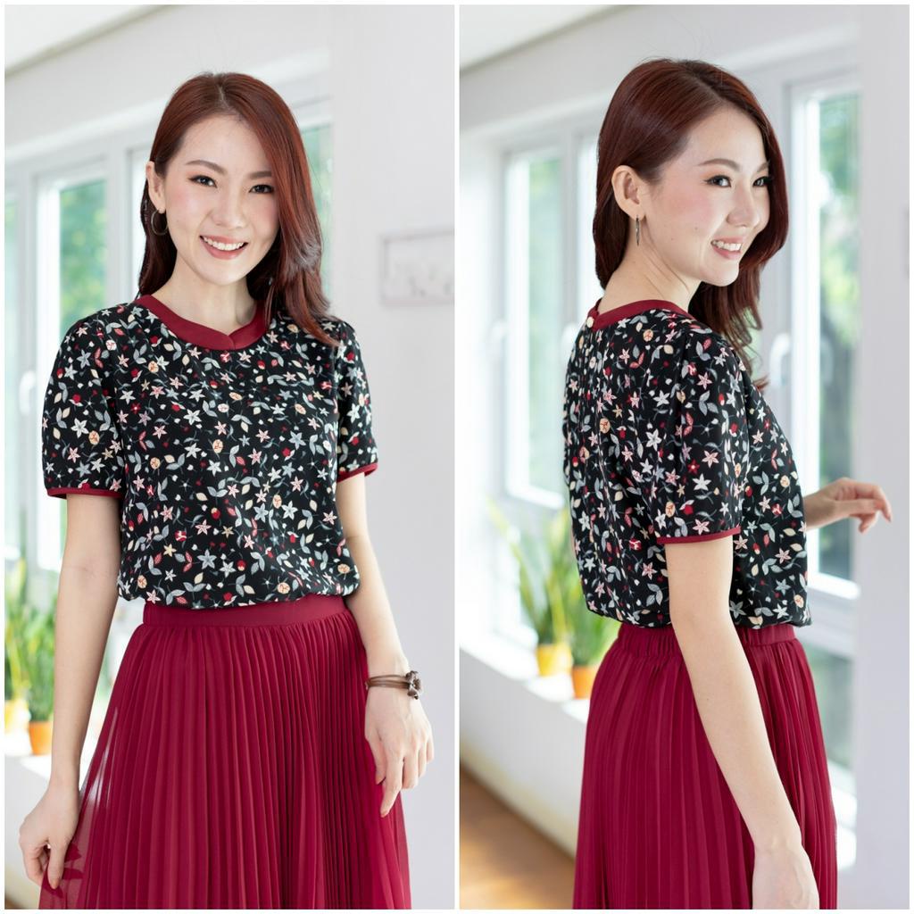 Narinari : MT3721 Overlap Collar Blouse เสื้อคอกลมวางซ้อน