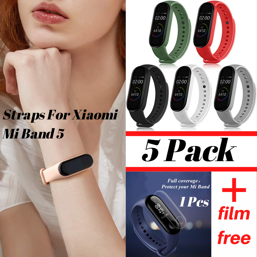 5 แพ็คสายรัดสําหรับ Xiaomi Mi Band 5 +1 HD Soft Hydrogel Film สําหรับ Mi Band 5 Fitness Tracker (สีด