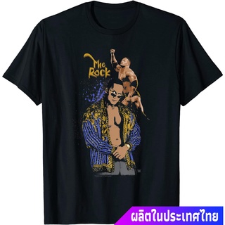 แขนสั้นcrew neckมวยปล้ำอาชีพ มวย มวยปล้ำลีก อเมริกา WWE The Rock Vintage Colorized T-Shirt คอกลม แฟชั่น  ผ้าฝ้ายแท้ เสื้