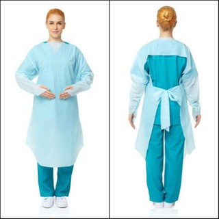 10ชุดต่อแพค เสื้อกาวน์พลาสติค ( plastic gown) CPE Isolation Gown แบบนิ้วโป้งสอด ป้องกันสารคัดหลั่ง