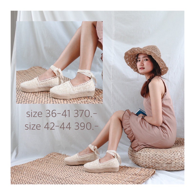 size 36-44 | lace muffin รองเท้าผู้หญิง ถักลูกไม้ มีสายรัดข้อเท้า ถอดสายได้ ส้นสูง 3 ซม รองเท้าไซส์ใหญ่ มีสีครีม