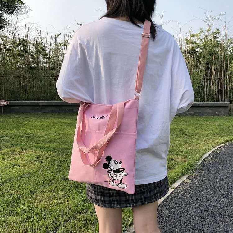 (ส่งจากไทย/พร้อมส่ง)Mickey Mouse ใบใหญ่ ผ้าหนา กระเป๋าผ้า สะพายข้าง สะพายหลัง ถอดสายได -MQbd