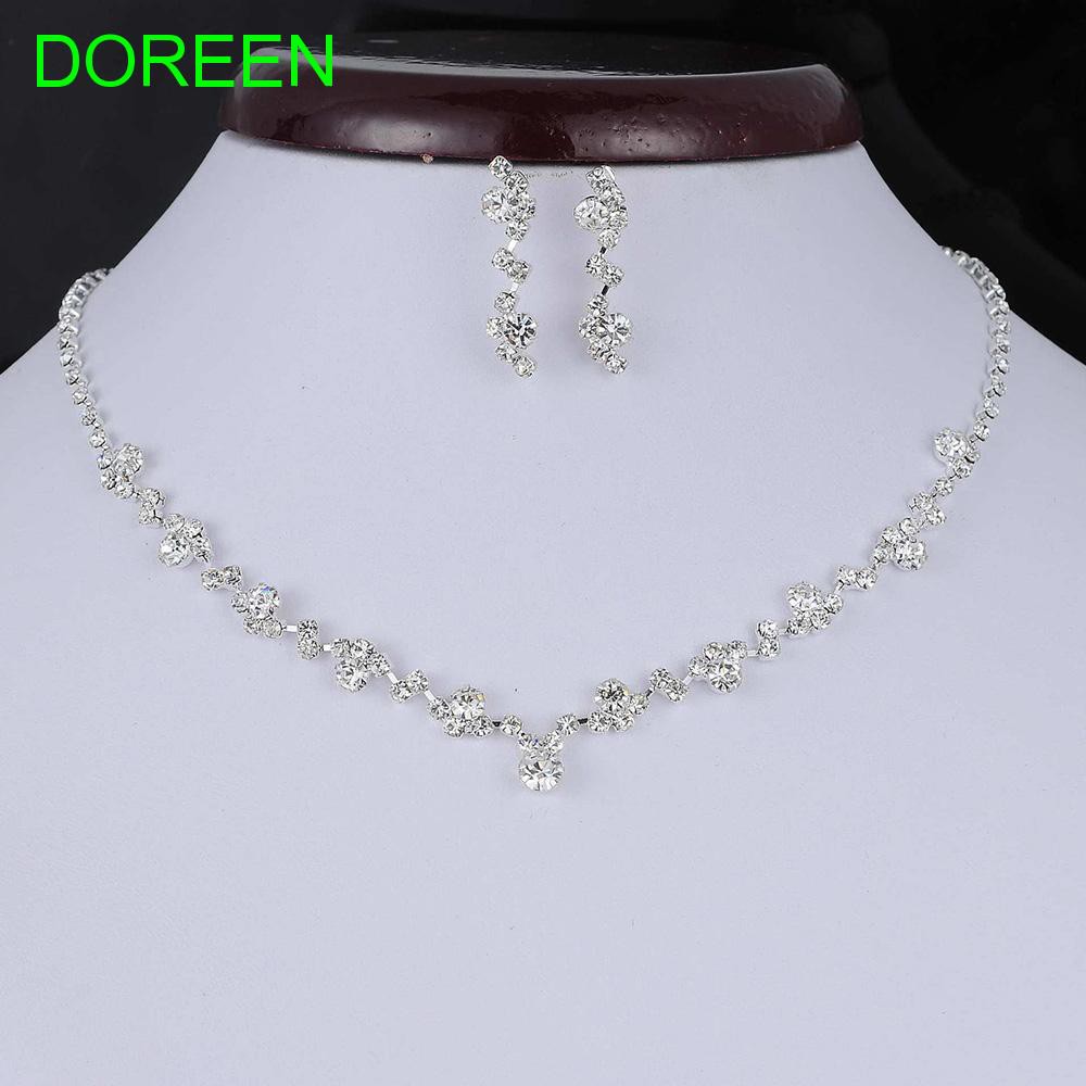 ชุดเครื่องประดับสร้อยคอต่างหูมงกุฎคริสตัล Rhinestone