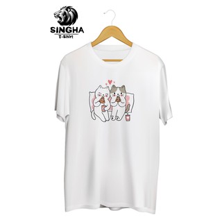 SINGHA T-Shirt Valentines 💕 เสื้อยืดสกรีนลาย คู่แมวพิซซ่า