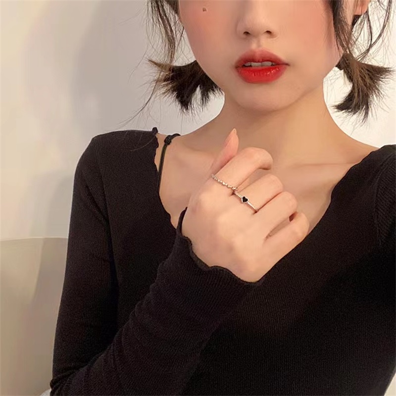 พร้อมส่ง ชุดเครื่องประดับ แหวนเพทาย สองชิ้น สีดํา สไตล์เกาหลี ญี่ปุ่น เรียบง่าย