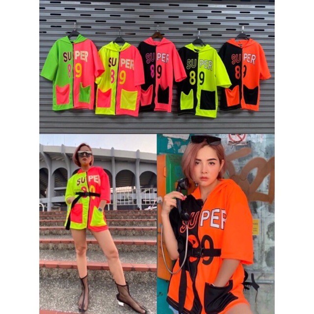 เสื้อนีออนโอเวอร์ไซด์แต่งแถบติดติดอาร์ม⚠️เรืองในไฟแบล็คไลท์ขาวดำ ไม่เรือง⚠️