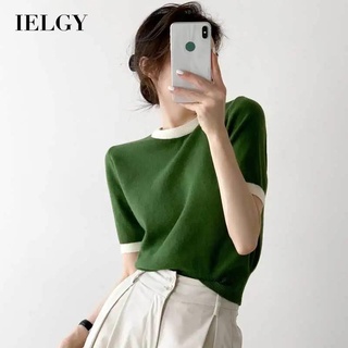 IELGY เสื้อยืด คอกลม แขนสั้น ผ้าถัก เข้ารูป สีตัดกัน สไตล์เรโทร สําหรับผู้หญิง