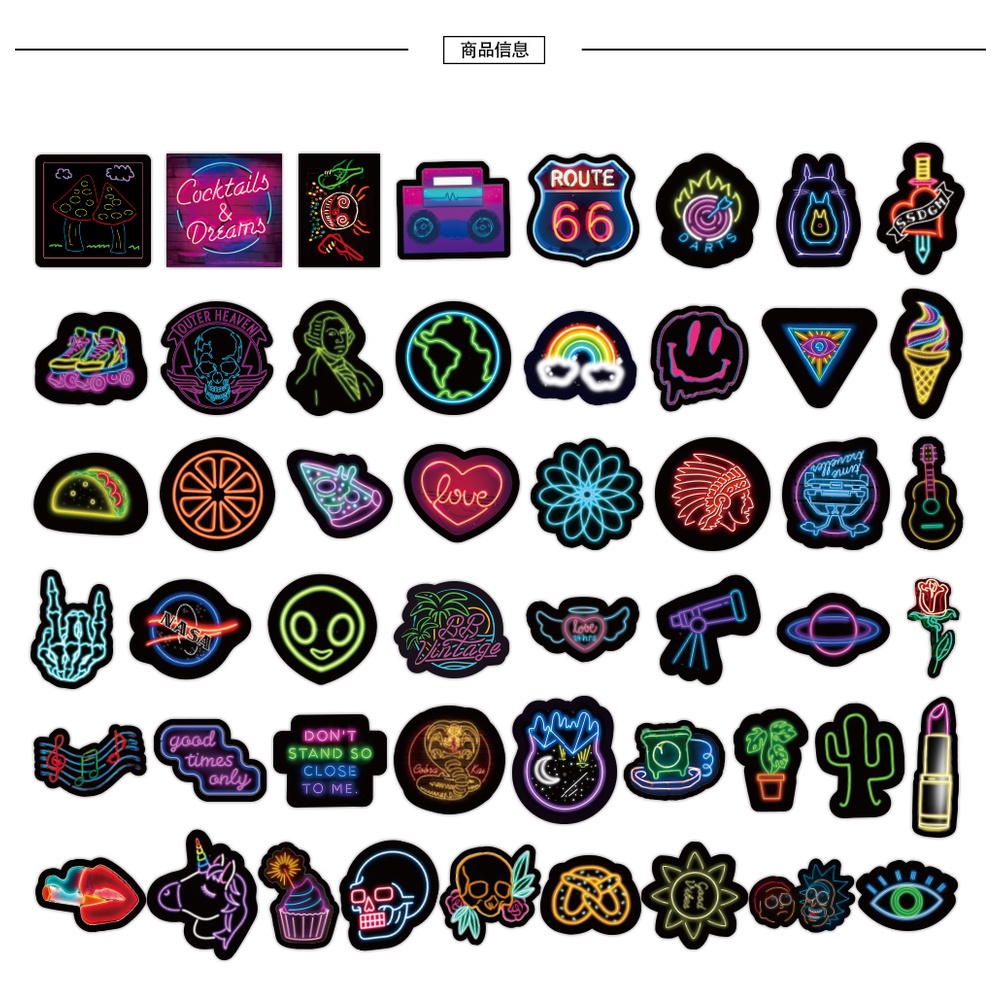 50pcs Neon Lights Sticker for Water Bottle Waterproof Vinyl Graffiti ...
