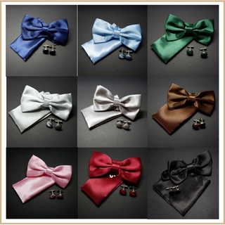 Set Satin Bowie ผ้าเรียบ หูกระต่าย+ ผ้า Pocket Square + กระดุมข้อมือ cufflinks
