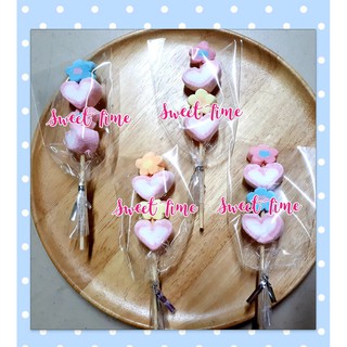 มาร์ชเมลโล่ หัวใจชมพูดอกไม้ รุ่น 1 โหล (12ไม้) Pink Heart Marshmallow 12pieces/pack