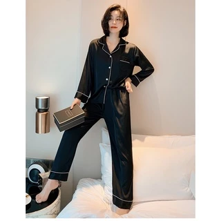 NEW แขนยาว+ขายาว M-5XL ชุดนอนผ้าซาติน ชุดนอนสีพื้น ชุดนอนแฟชั่นสไตล์เกาหลี ชุดนอนคู่รัก ส่งจากไทย（ราคา 1 ชุด）