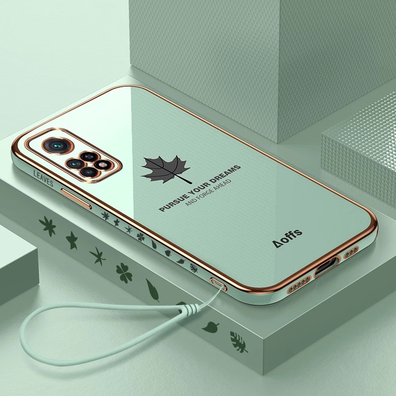 เคสมือถือ TPU ป้องกันรอย สำหรับ Xiaomi Redmi Note 13 Pro 5G 12 4G + 11 11s 10 10s 9 9s Plus 6D จัตุรัสหรูหรา เคสโทรศัพท์เคลือบด้วยไฟฟ้า เคสขอบเงากันรอยกล้อง ลายใบเมเปิล เคสหลังใส ท์ซิลิโคน สายห้อยมือถือ