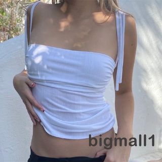 Bigmall- เสื้อครอปท็อป สายสปาเก็ตตี้ สีพื้น แฟชั่นฤดูร้อน สําหรับผู้หญิง สีขาว S M L