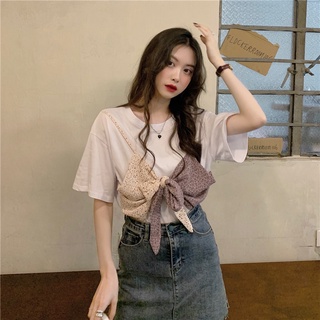 Suxi เสื้อยืดแฟชั่นสตรีคอกลมแขนสั้นประดับโบว์