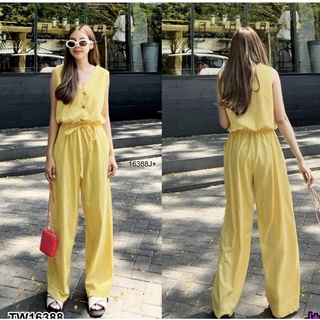 New Arrival !!!!!! Drawstring Waist Jumpsuit จั้มสูทคอวีแขนกุด แต่งกระดุม 3 เม็ด