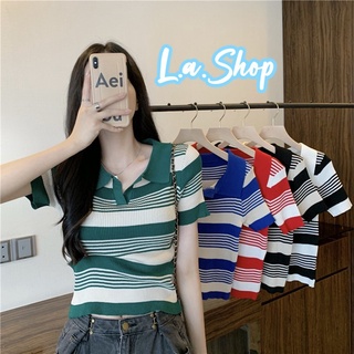 L.A Shop พร้อมส่ง เสื้อไหมพรมแขนสั้นทรงครอป คอปกลวดลายเสื้อลายทางเก๋ๆ "2Y013"