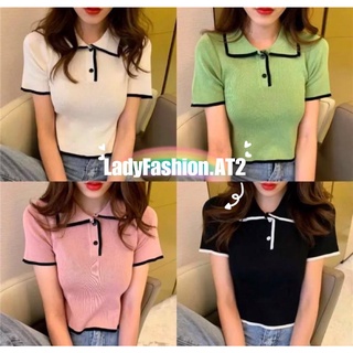 🌈 LadyFashion.AT2 💞 เสื้อครอปไหมพรมตอปกแขนสั้น แต่งกระดุมหน้า ผ้ายืดตามตัว ใส่สบาย 💞