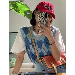 เสื้อเชิ้ตแขนกุด ทรงหลวม ลายดอกไม้ สไตล์เกาหลี อังกฤษ สีฟ้า