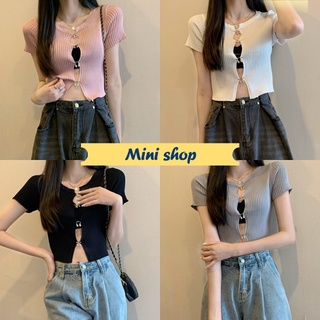 Mini shop🌸พร้อมส่ง🌸(37016-1) เสื้อไหมพรมแขนสั้น ดีเทลเว้าหน้าอดสุดเซ็กซี่