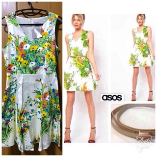 ASOS ใหม่ป้ายห้อย ดรสผ้าซาตินเนื้อดีหนามีซับในมาพร้อมเข็มขัดแพทเทิร์นสวยค่ะ