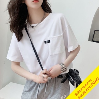 พร้อมส่ง เสื้อครอปแขนสั้นผู้หญิง oversize เสื้อเอวลอยวัยรุ่นน่ารัก  เสื้อผ้ามินิมอลสไตล์เกาหลี สตรีท สีขาว