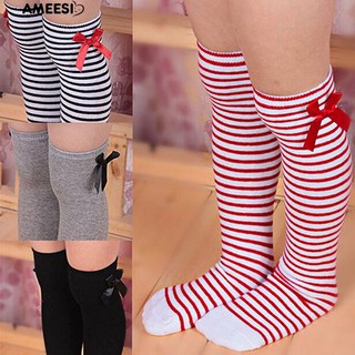 Ameesi ถุงเท้ายาวเข่าฝ้ายเด็ก ๆ เด็ก Bowknot Striped Leg warmers