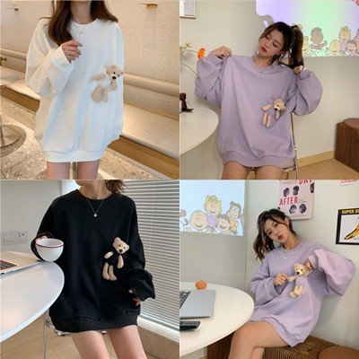 ส่งไว สต็อกไทย เสื้อแขนยาวจั๊ม ทรงโอเวอร์ไซส์ อกแต่งกระเป๋าใส่ตุ๊กตาหมีตัวจิ๋ว ผ้าคอตตอน ม่วง ขาว ดำ