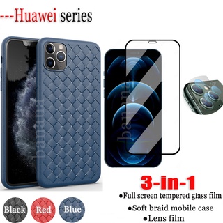 3in1 ฟิล์มกระจกนิรภัยกันรอยเลนส์กล้อง และเคสโทรศัพท์ แบบสาน สําหรับ Huawei Nova 7i 5T 3 3i 4 4E 5 6 Nova 7 SE 8 Pro