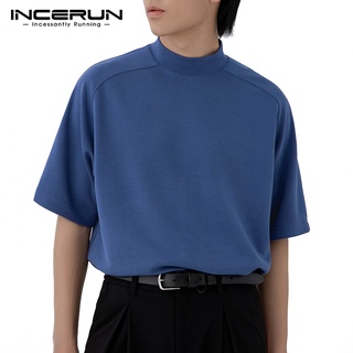 Incerun เสื้อยืดแขนสั้น คอสูง ใส่สบาย สีพื้น สําหรับผู้ชาย