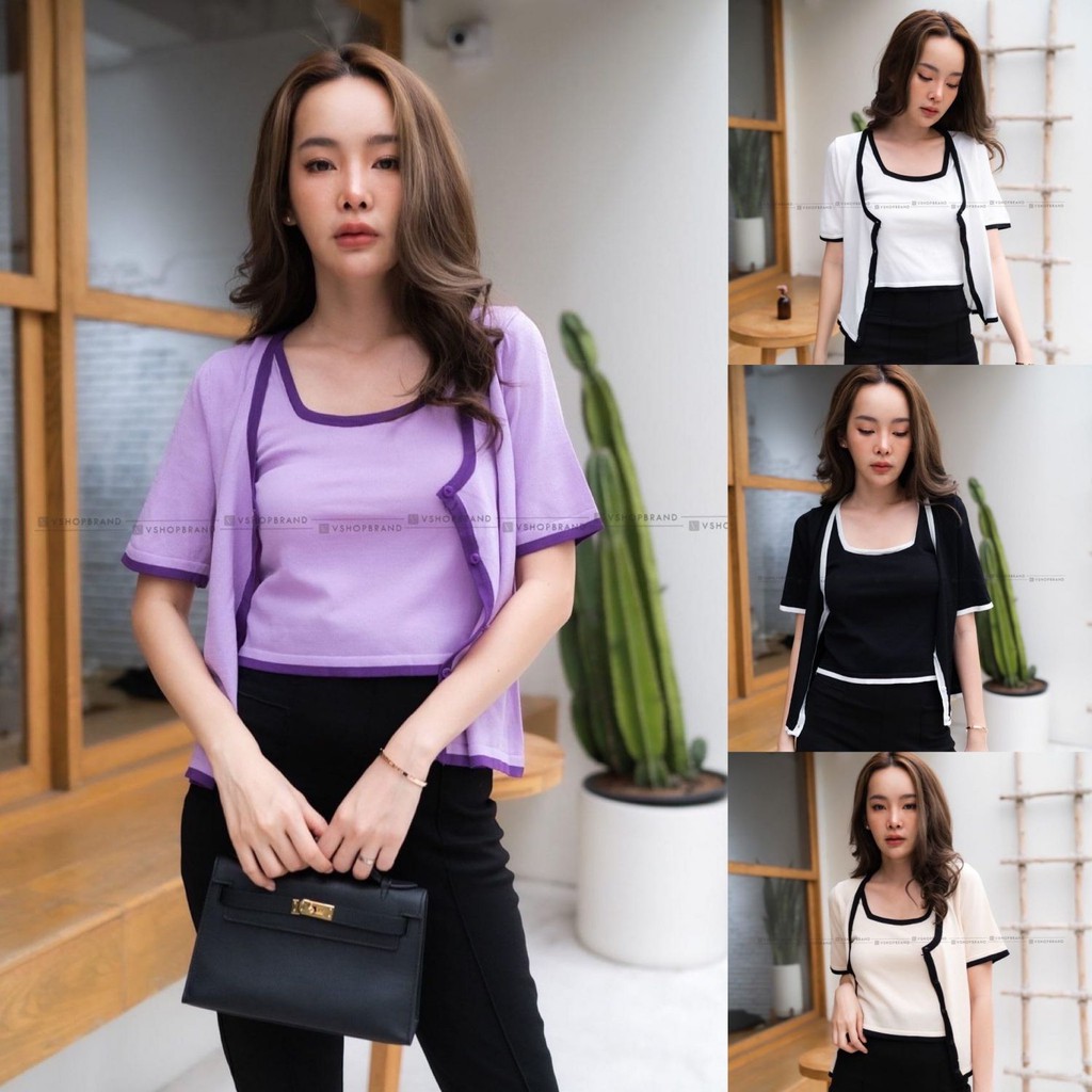 Code no:2010013439-Vshop set เสื้อคลุมแขนสั้น มาพร้อม เสื้อกล้ามตัวใน ผ้าริบ ใส่สบายระบายอากาศได้ดี