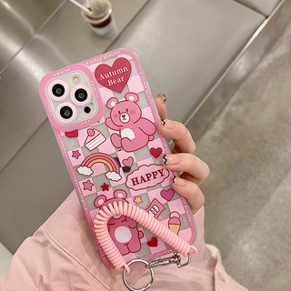 เคสป้องกันโทรศัพท์มือถือ ลายหมีสีชมพู พร้อมสายคล้อง สําหรับ Apple Iphone 14pro 12pro xsmax 11 14plus 13 678plus Xr