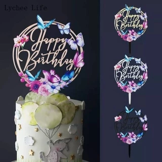 ป้ายวันเกิด ป้ายปักเค้กอะคริลิค ป้ายhappy birthday ดอกไม้ พิมพ์สี สีทอง