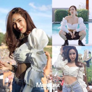 คอย เสื้อ Crop แขนตุ๊กตา ตรงช่วงแขนจั๊ม 2 ข้อ ช่วงรอยต่อ ยังผูกโบว์ได้อีก งานป้าย VALEN