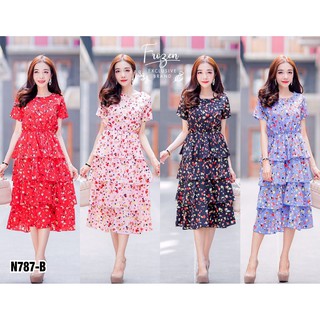 N787-B Maxi Dress แขนสั้น ผ้าพิมพ์ลายดอกหลากสี