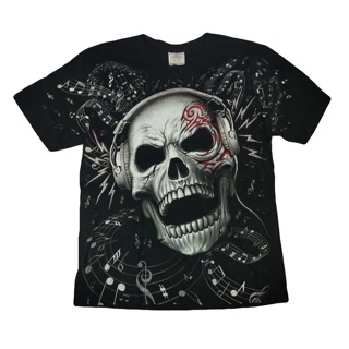 เสื้อยืดผ้าฝ้าย เสื้อยืด Skull Over Print Skull T-Shirt เสื้อยืดหัวกระโหลก เรืองแสง