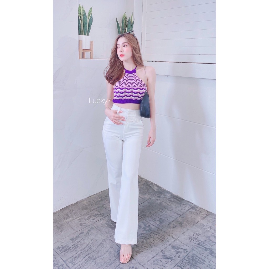 BY IRA ครอปท็อปเว้าหลังผูกคอ เนื้อไหมพรมแต่งลายไล่สีแมชชี่สวยมากกกก ทรงผูกคอคิ้วๆ - รูปที่ 5