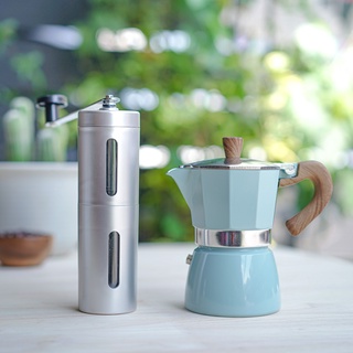 ชุดหม้อต้มกาแฟสด มอคค่าพอท Moka pot 3cup (สีฟ้า) + เครื่องบดเมล็ดกาแฟ มือหมุน